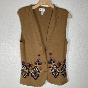 Vintage Floral Embroidered Sweater Vest Brown S Wool Blend Cottage Prairie Cabin